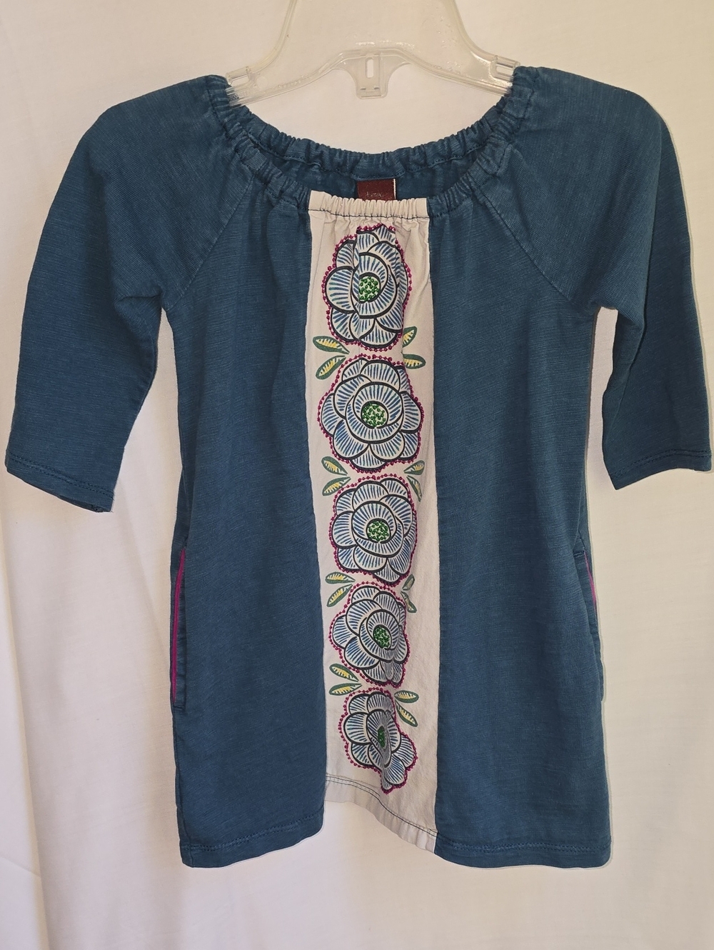 Tea Collection Girls 2 Teal Blue Tunic with Pockets & Embroidered Floral Panel